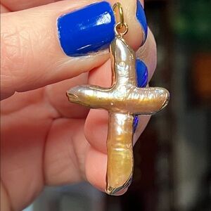 Gold Dipped Christian Religious Baroque Pearl Cross Necklace Charm Pendant